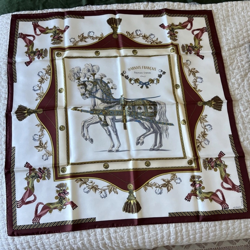 Vintage Hermes Hernais Francis Burgundy and Cream Scarf